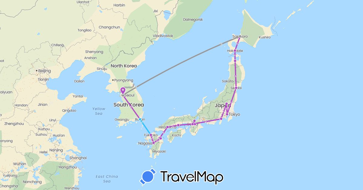 TravelMap itinerary: driving, plane, train, boat in Japan, South Korea (Asia)